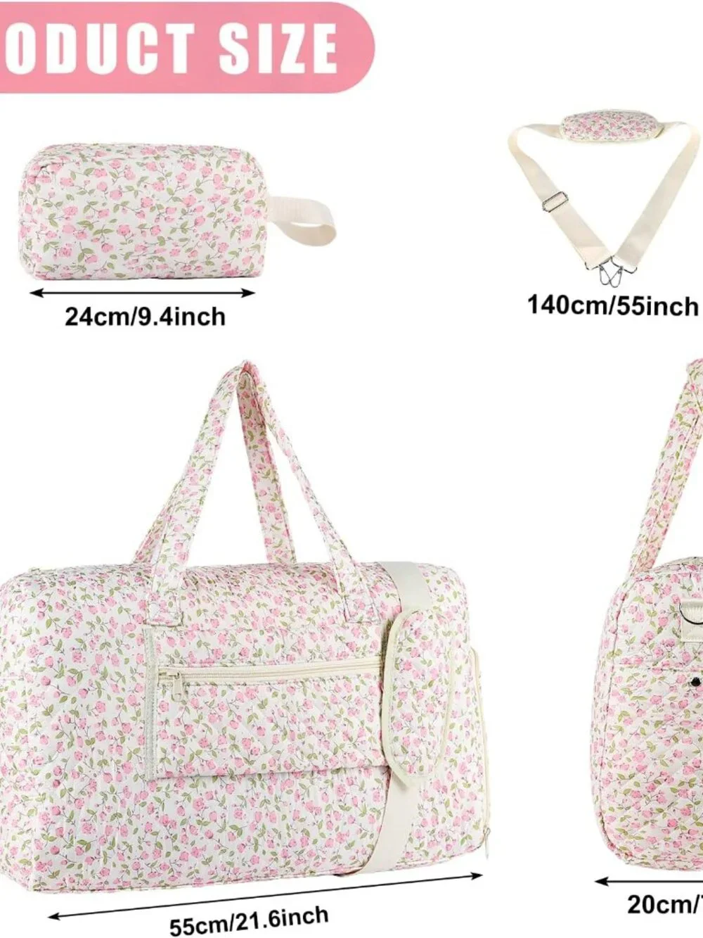 Floral Quilted Duffle Bag, Weekender Bag with Makeup Pouch Women | Floral Quilte